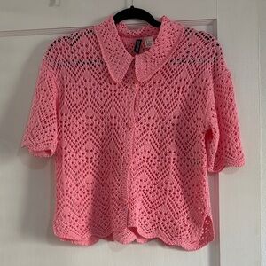 Divided Pink Crochet Button Down Shirt